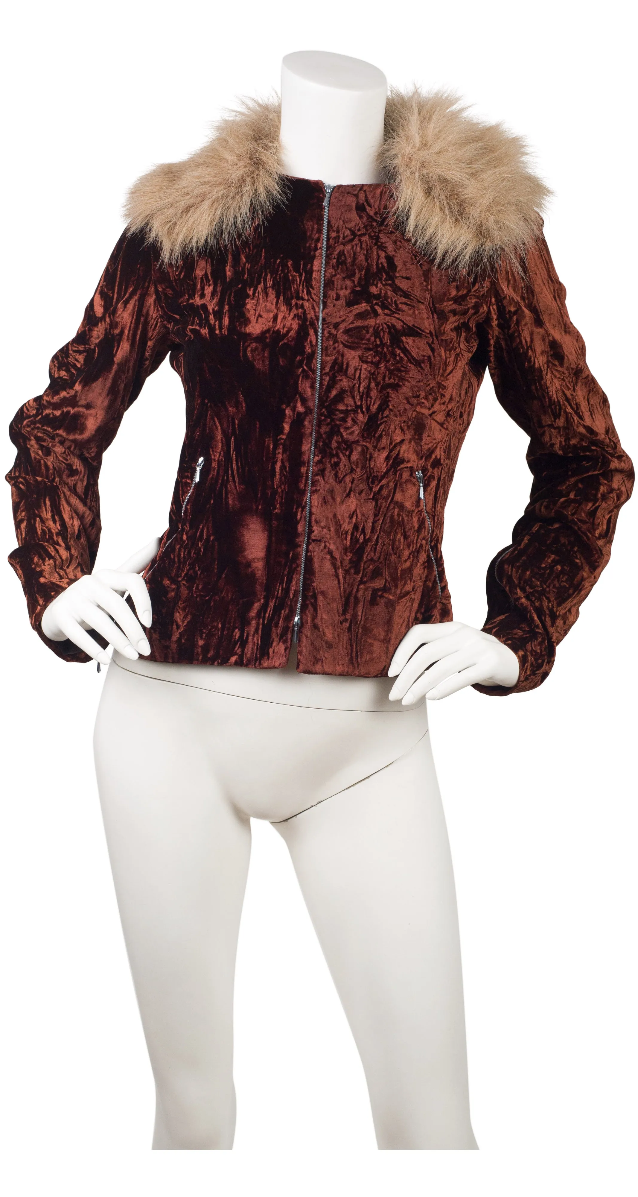 1990s Faux Fur Collar Crushed Velvet Jacket