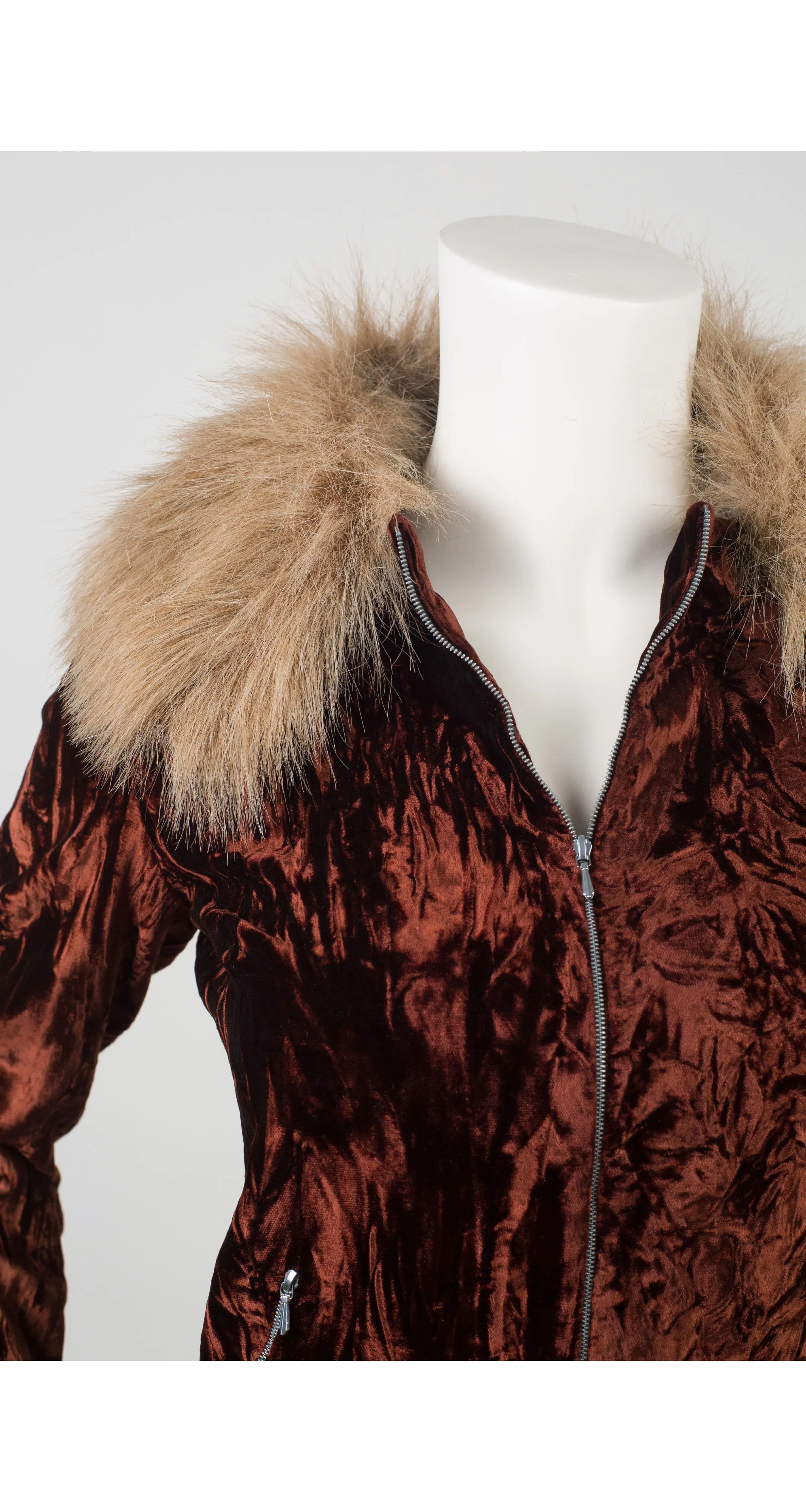1990s Faux Fur Collar Crushed Velvet Jacket