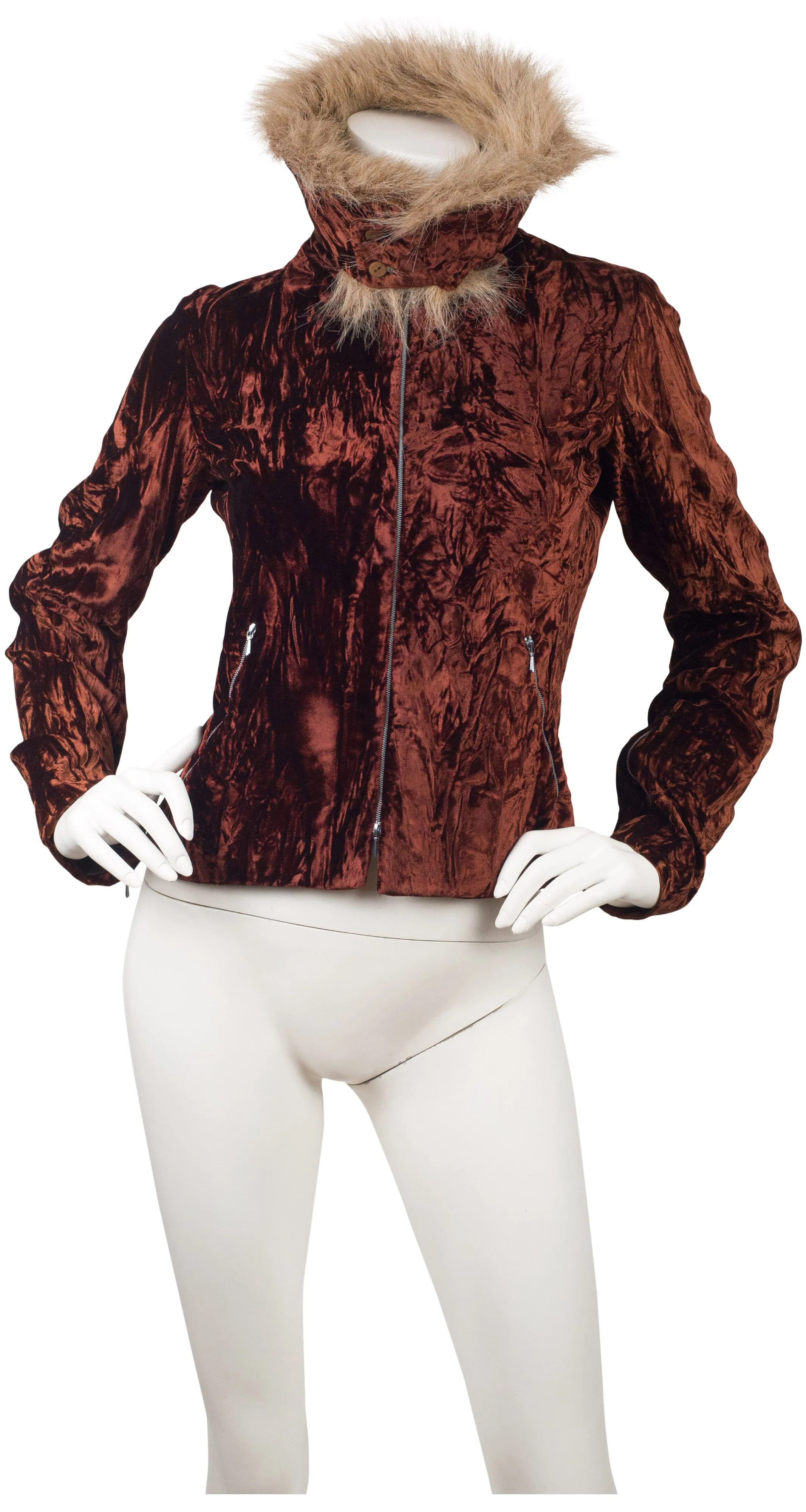 1990s Faux Fur Collar Crushed Velvet Jacket
