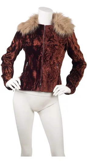 1990s Faux Fur Collar Crushed Velvet Jacket