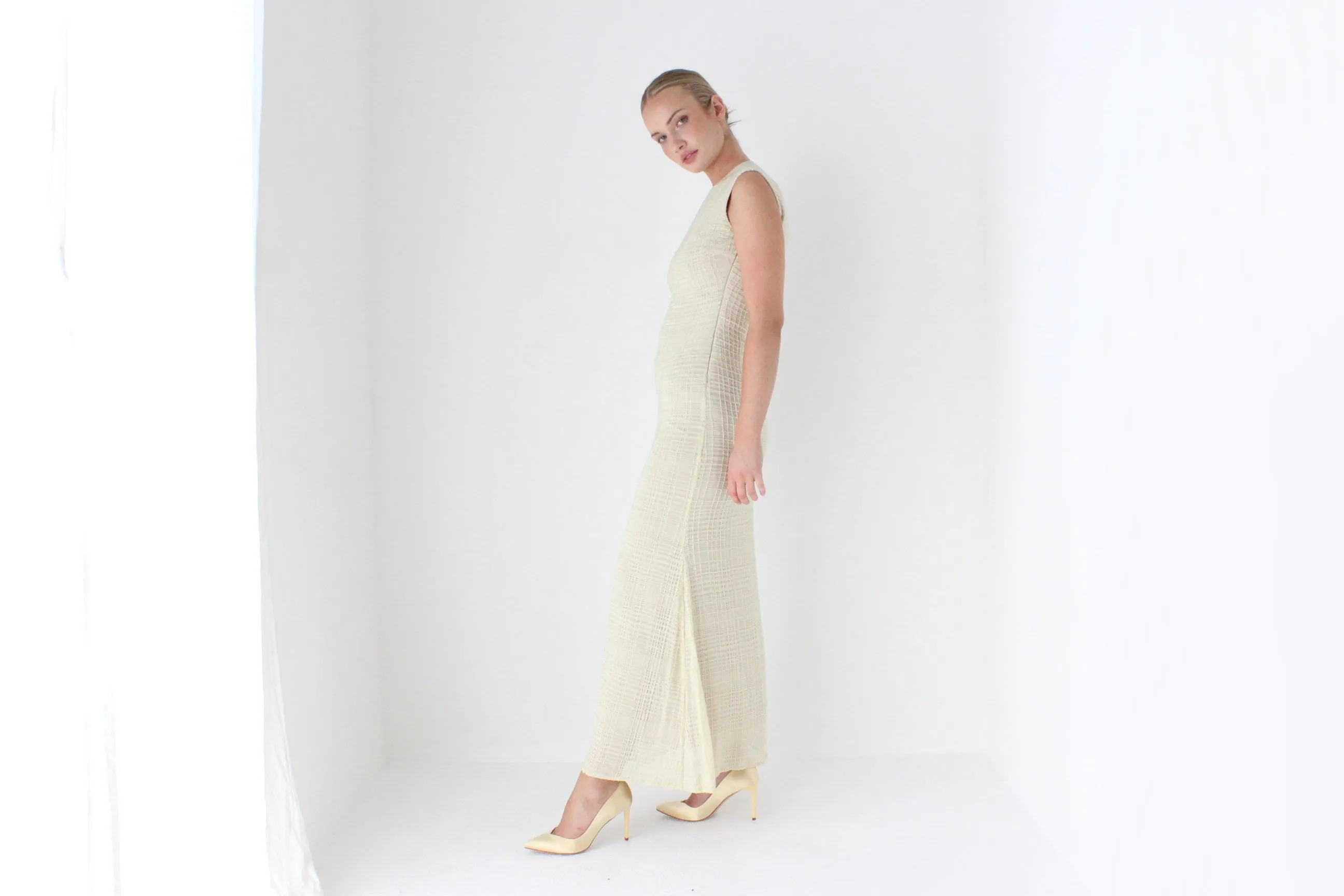 1990s Neutral Beaded Heavy Knit Designer Gown
