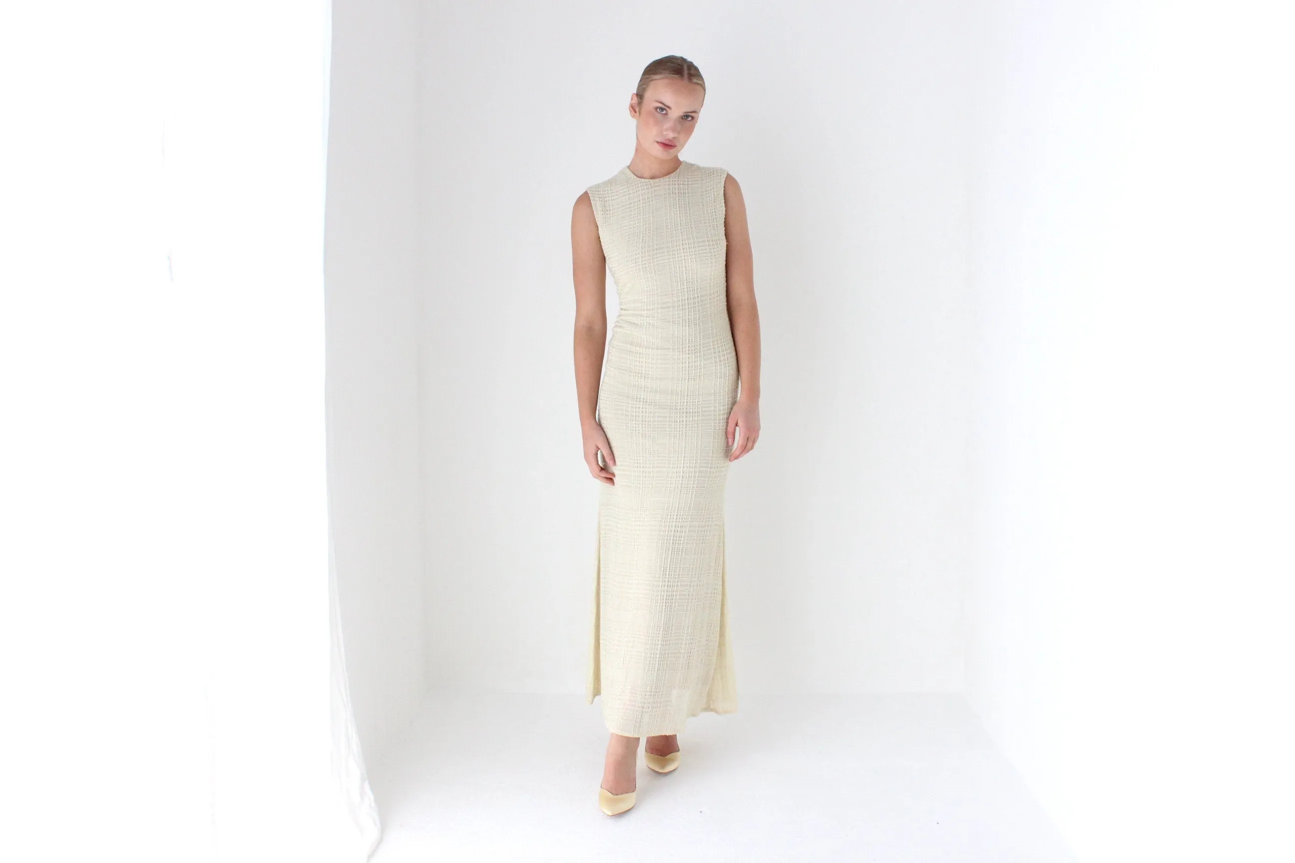 1990s Neutral Beaded Heavy Knit Designer Gown