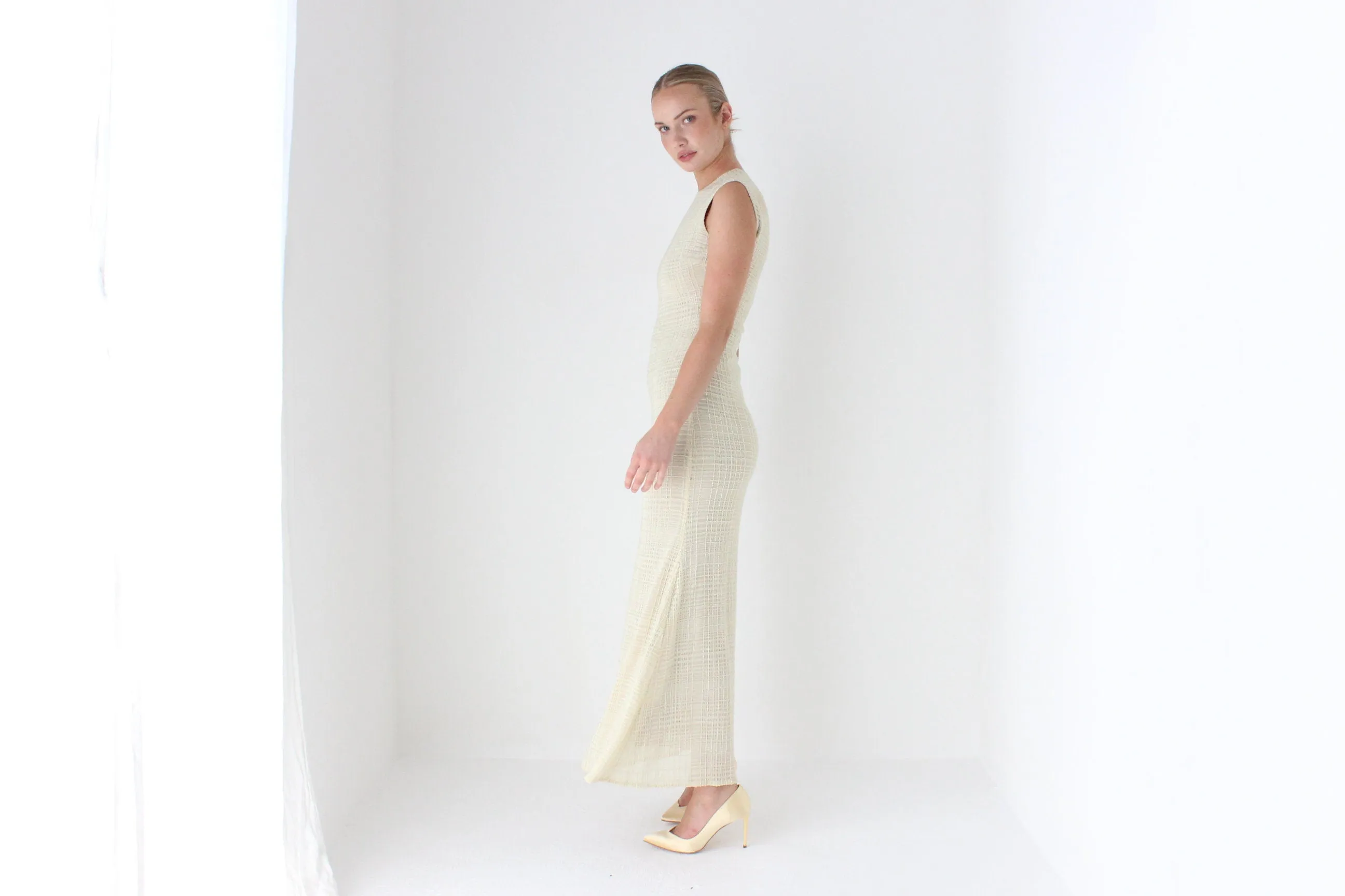 1990s Neutral Beaded Heavy Knit Designer Gown