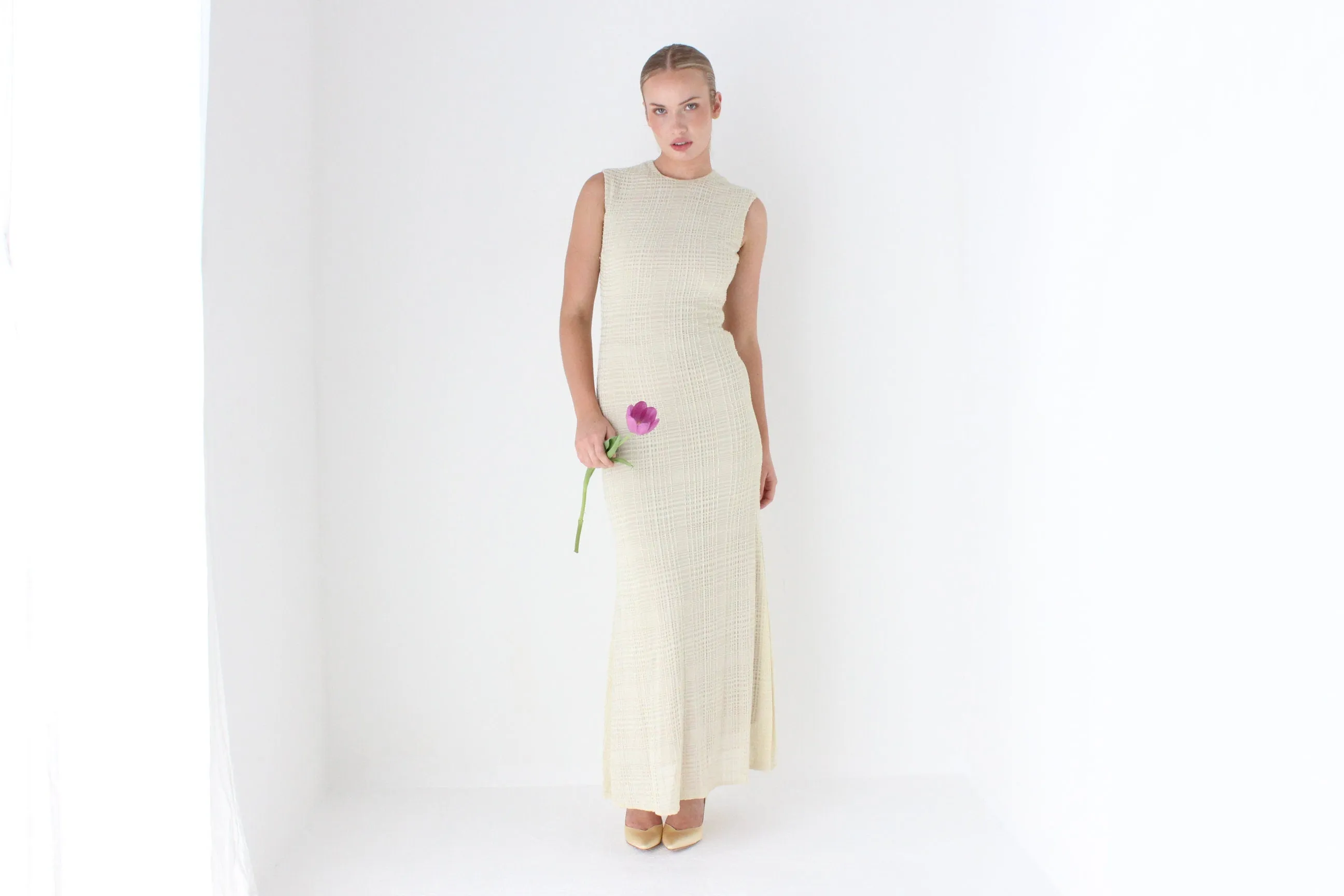 1990s Neutral Beaded Heavy Knit Designer Gown