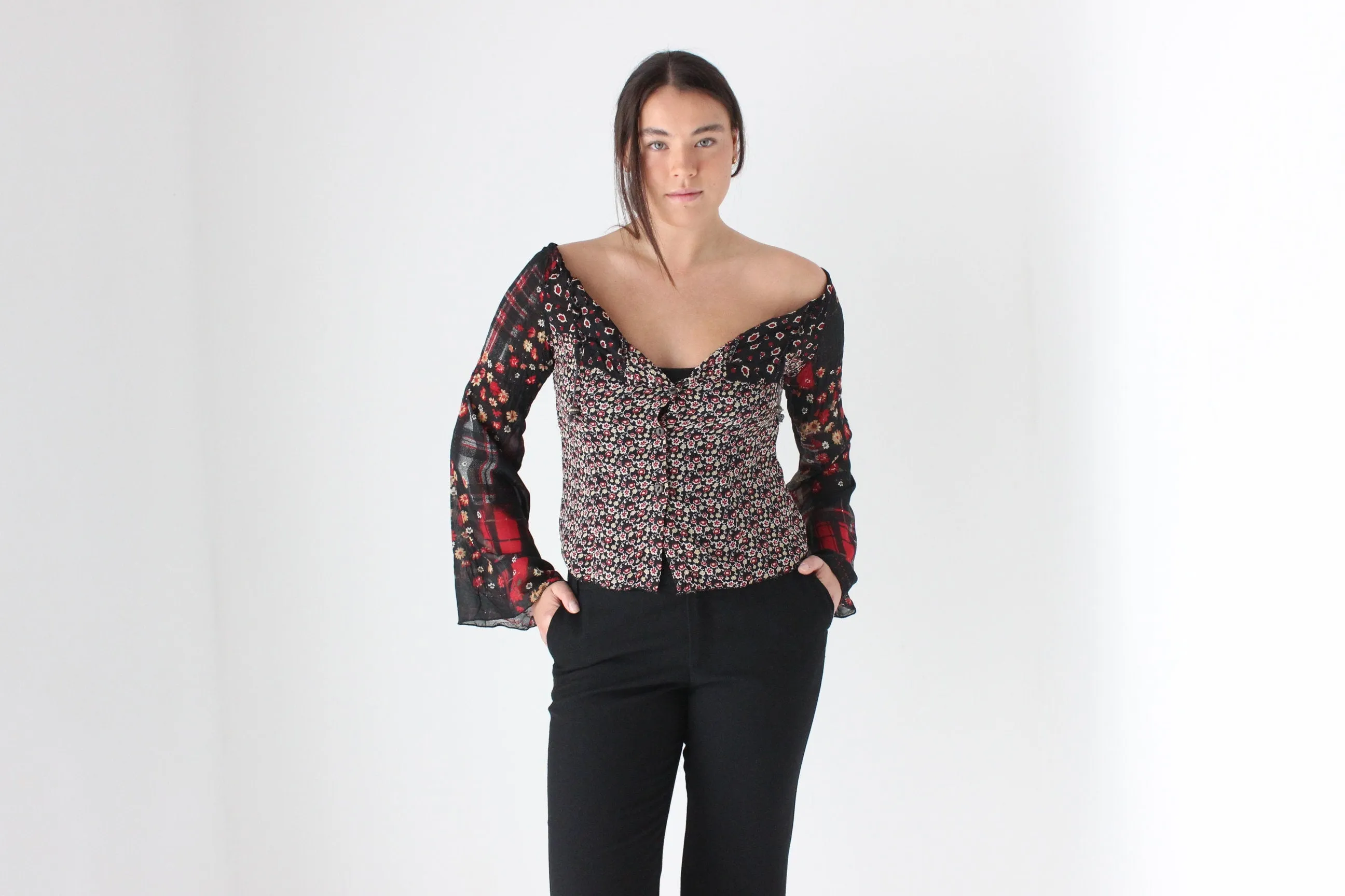 90s Italian Vintage Goth / Grunge Off Shoulder Top