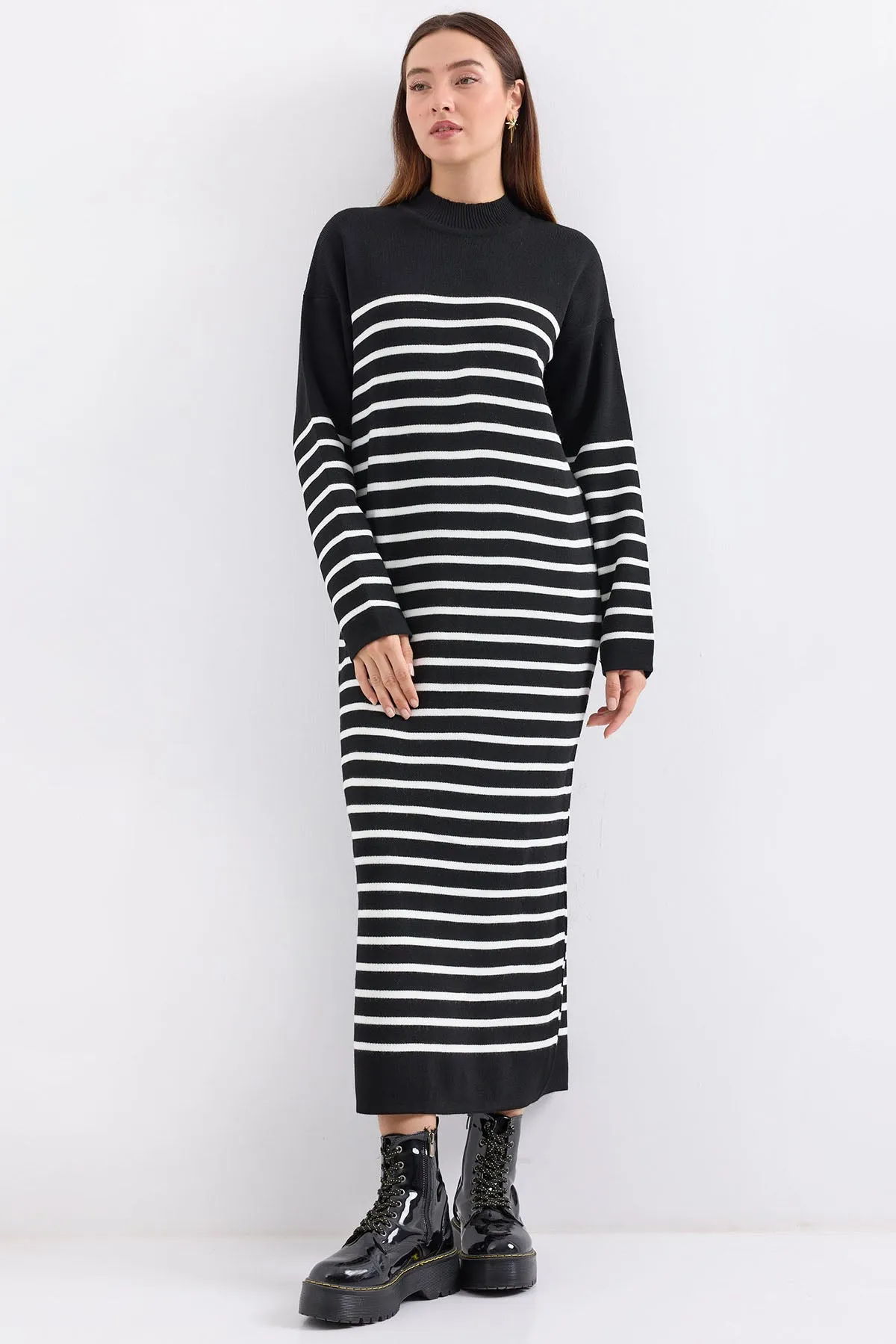 BGD Women Striped Long Knit Dress - Charcoal Black - Avondale