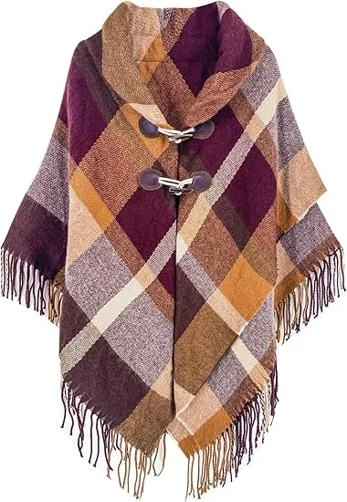 Black Grid Winter Chic Plaid Poncho Cardigan