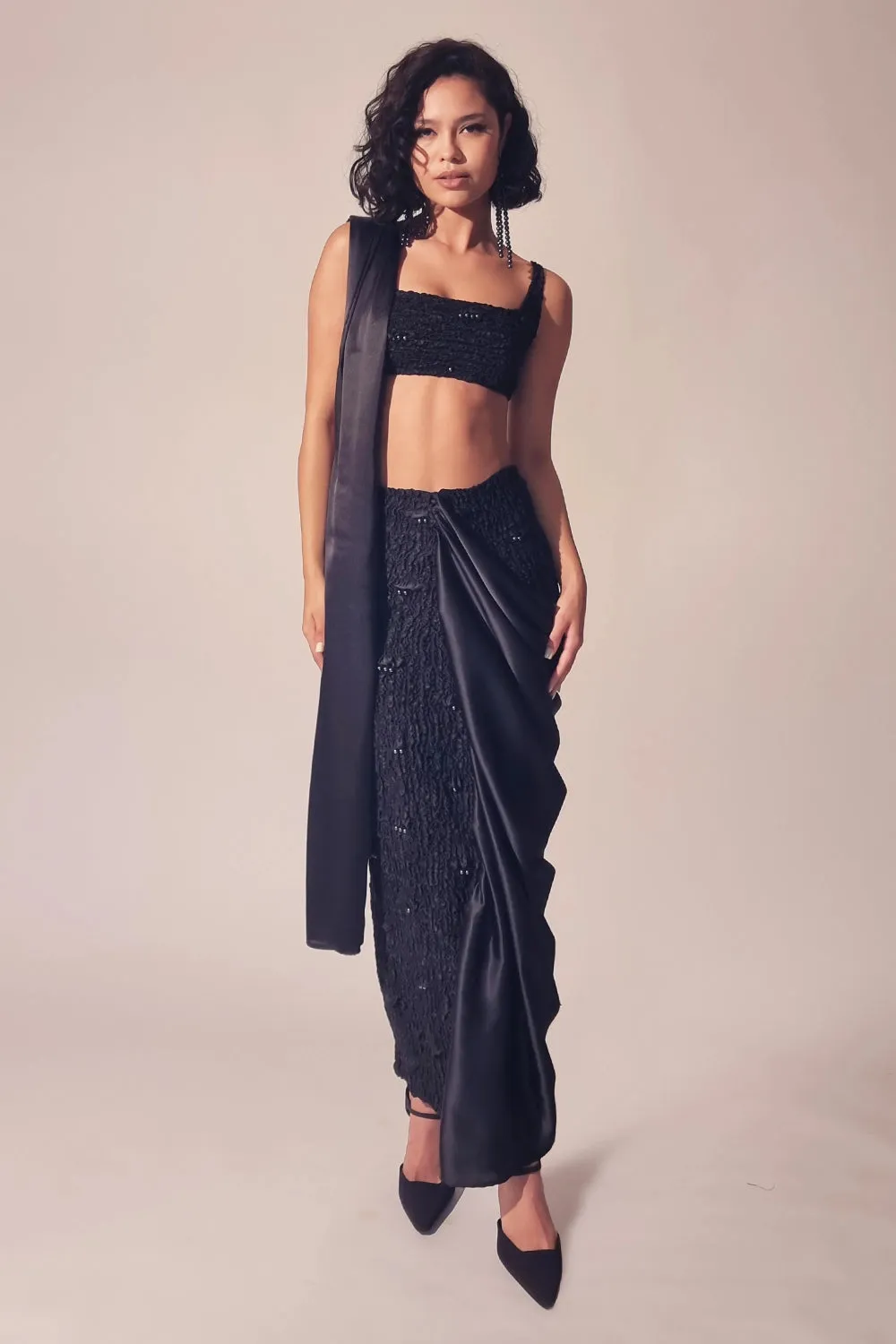 Black Satin Pearl Sari Skirt