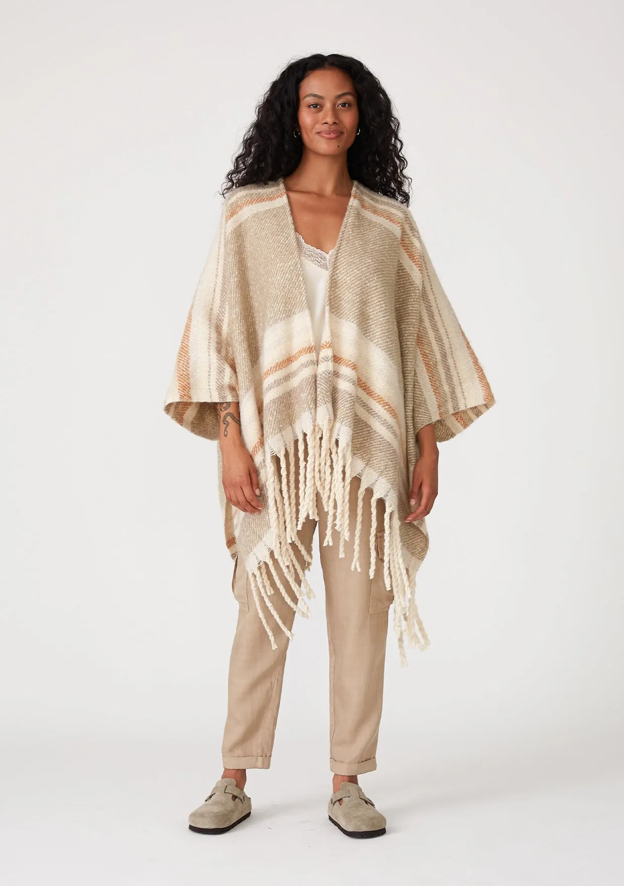Bohemian Striped Fringe Poncho