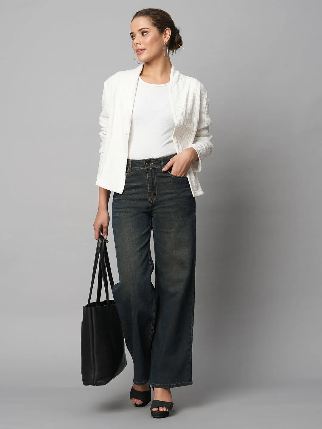 DIRTY WASH DENIM MID RISE FLARED JEANS