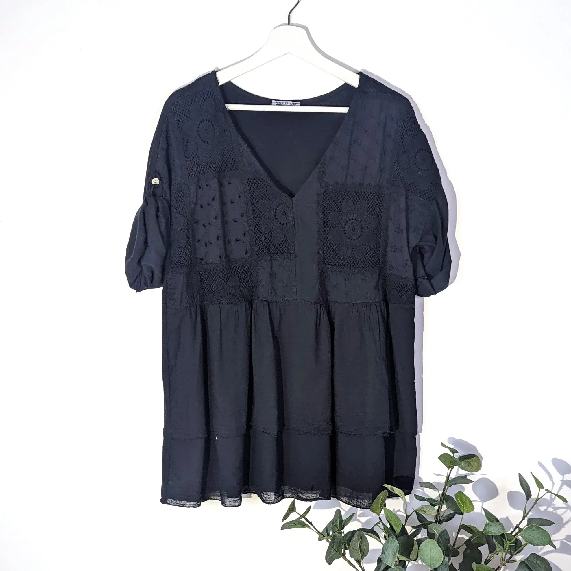 Double layer cotton top with crochet flower detail (S-M)