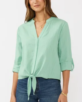 Embroidered Front Knot Blouse - Seafoam