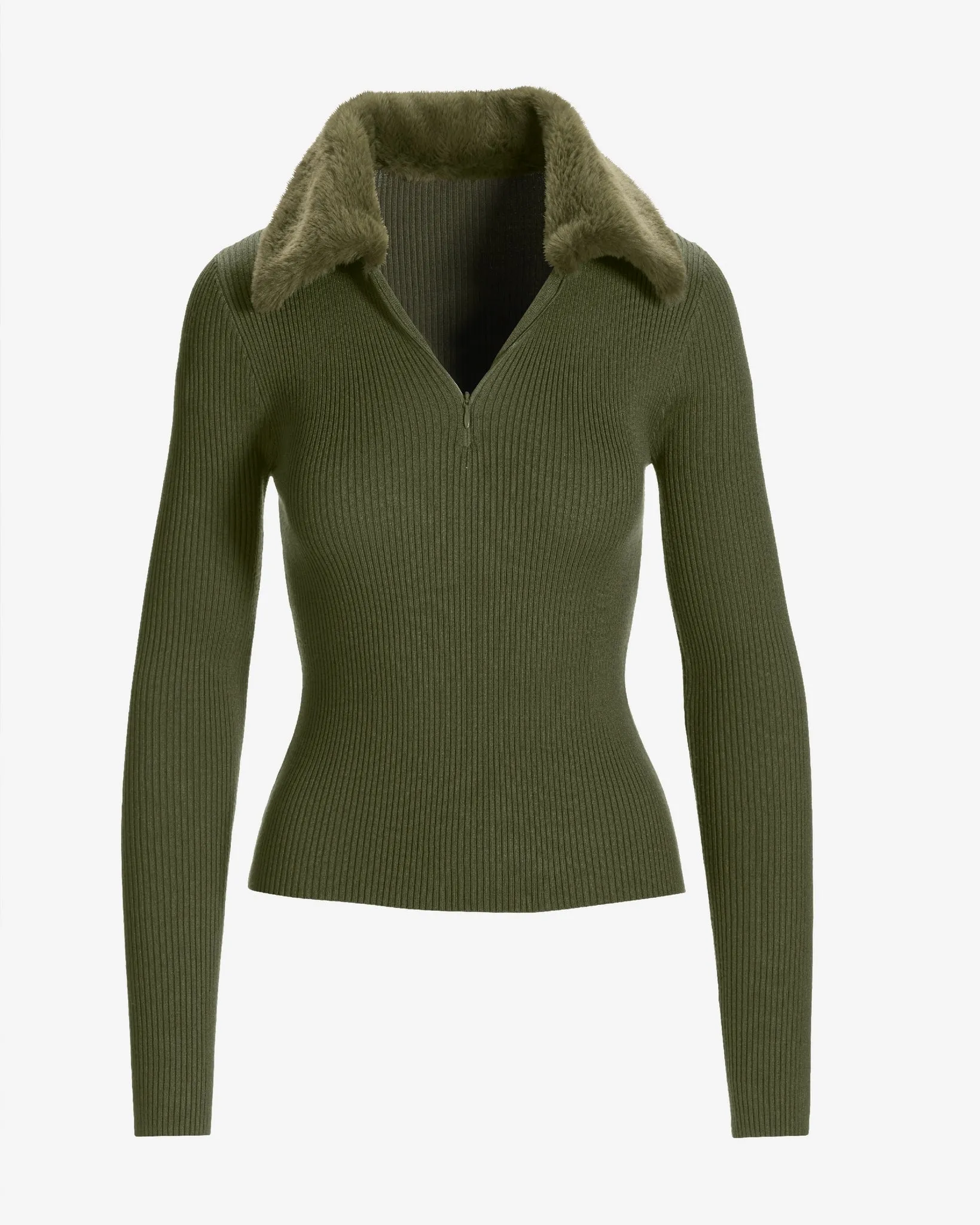 Faux Fur Collar Half Zip Ribbed Sweater Olive Night