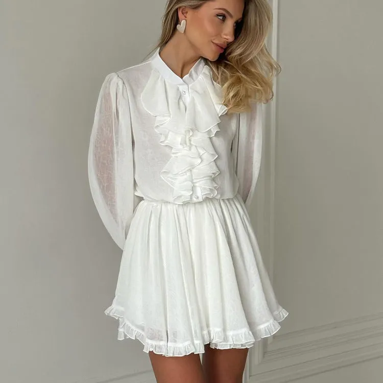 French Elegant Ruffled Stand Collar Long Sleeve Short Dress