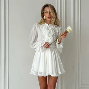French Elegant Ruffled Stand Collar Long Sleeve Short Dress