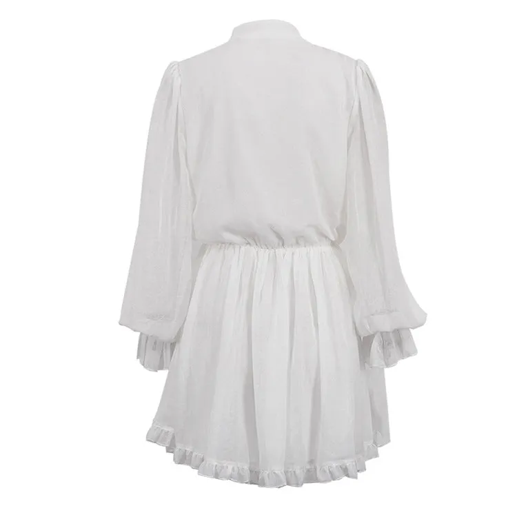 French Elegant Ruffled Stand Collar Long Sleeve Short Dress