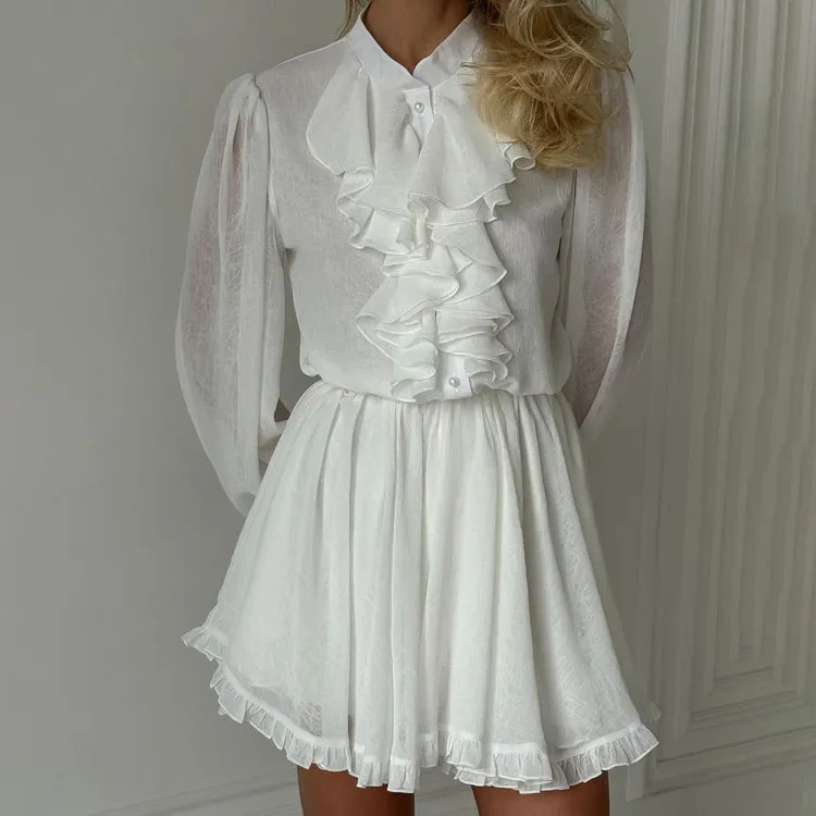 French Elegant Ruffled Stand Collar Long Sleeve Short Dress