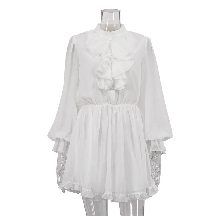 French Elegant Ruffled Stand Collar Long Sleeve Short Dress