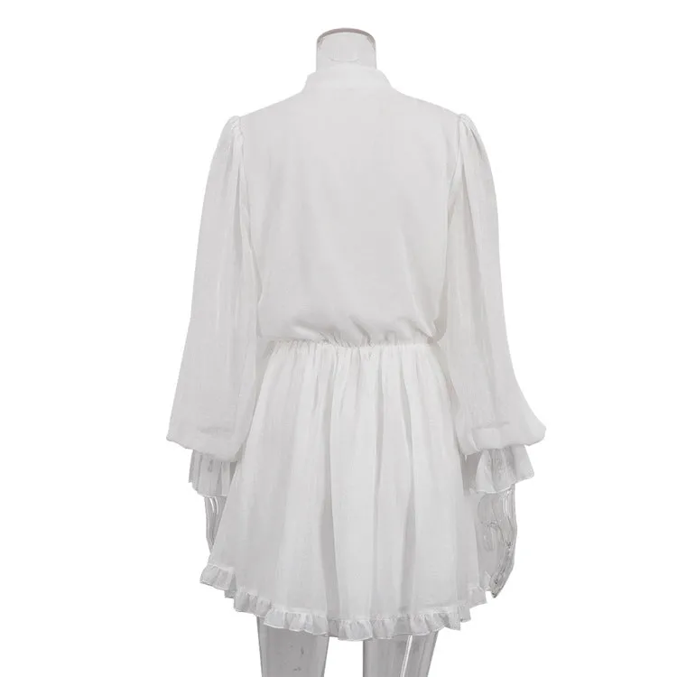French Elegant Ruffled Stand Collar Long Sleeve Short Dress
