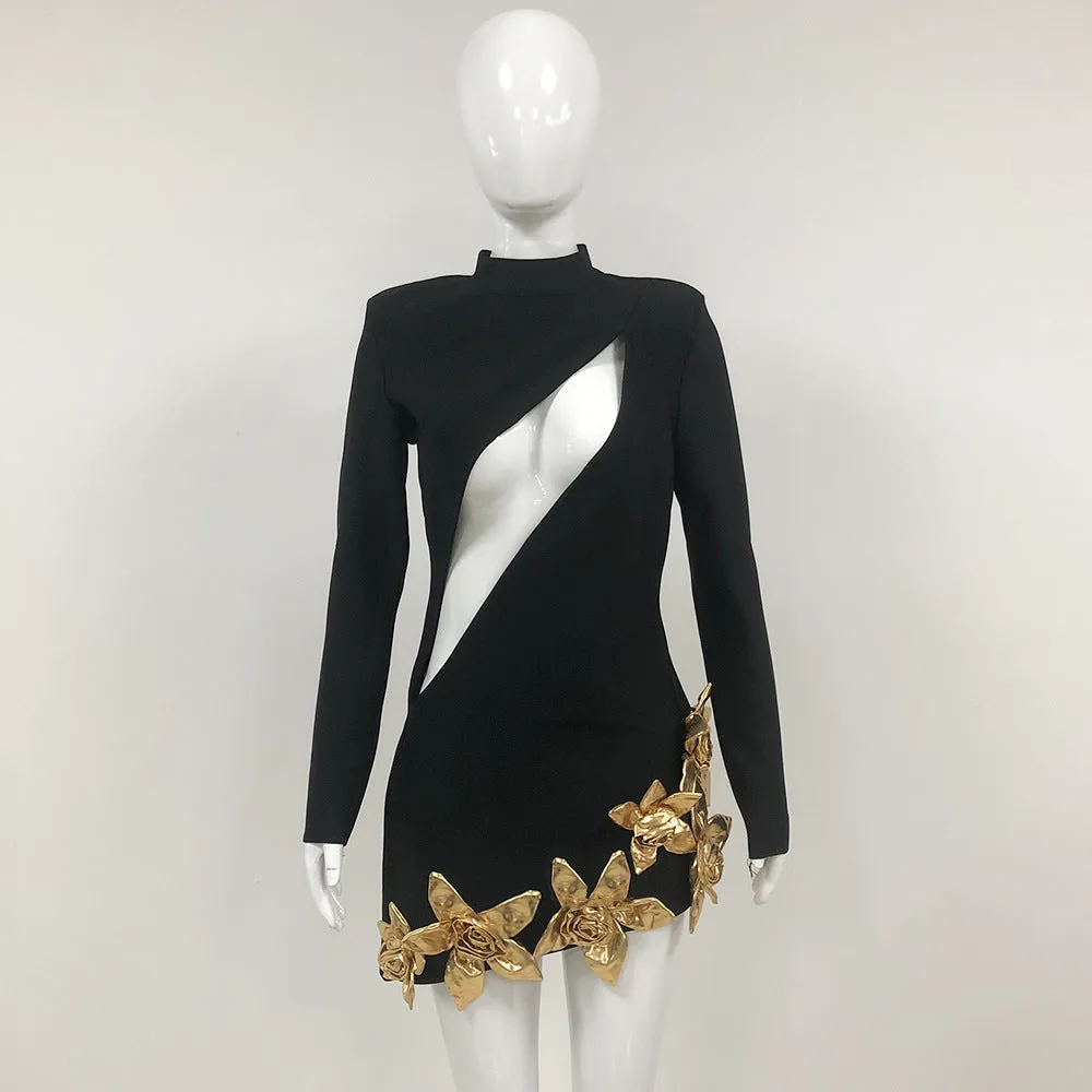 Golden Floral Bandage Cutout Short Party Dress