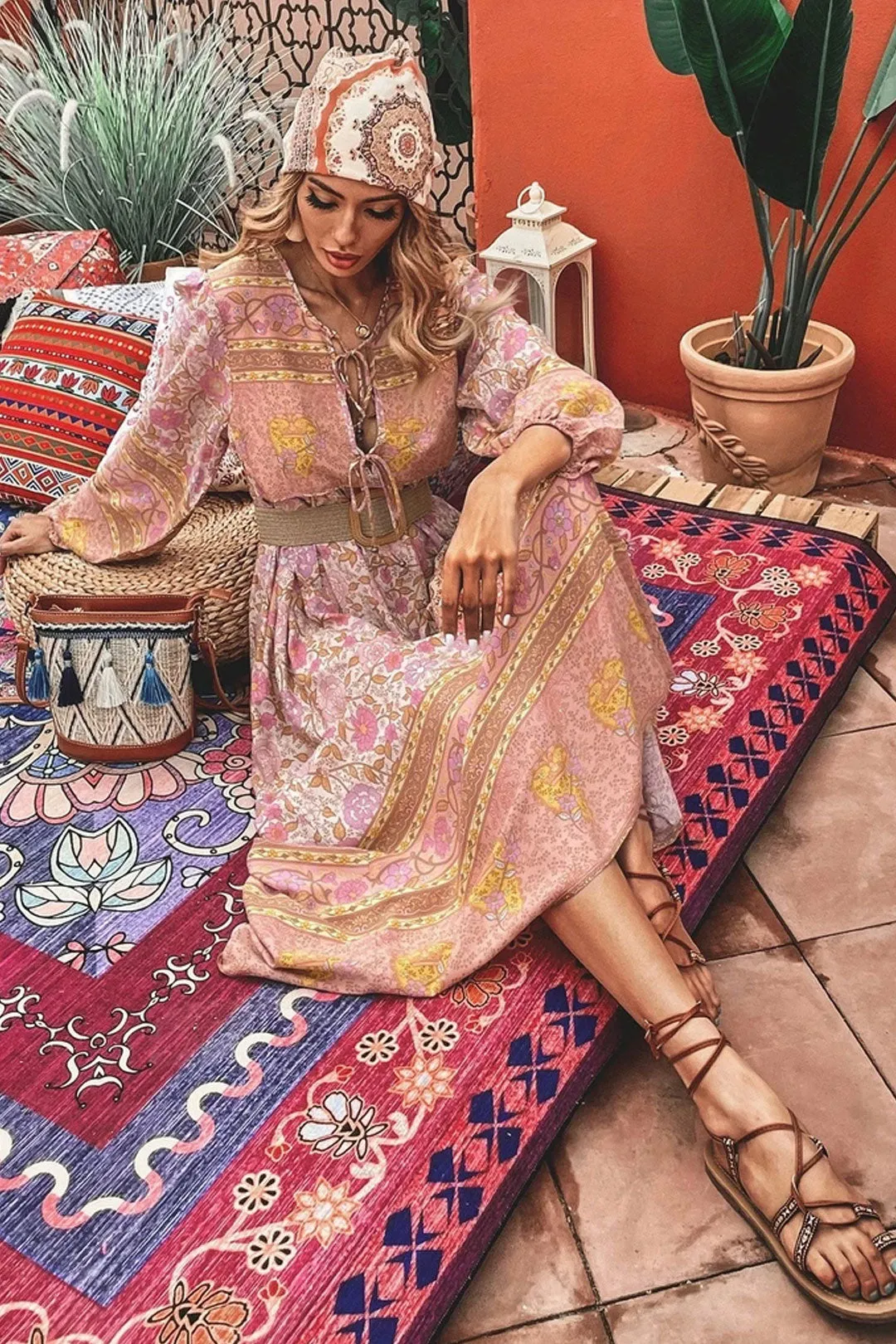 Gown Dress, Boho Maxi Dress, Loose Dress, Camila Indian Flower Pink