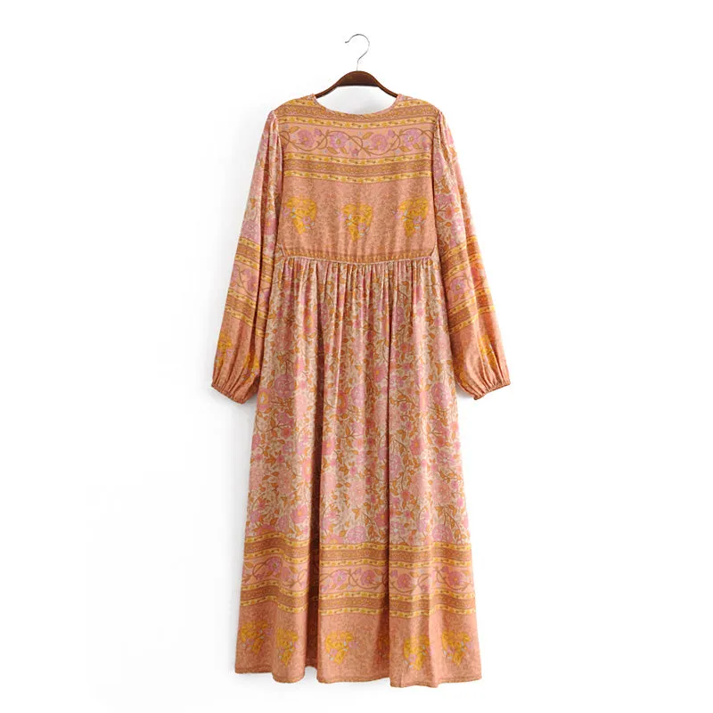 Gown Dress, Boho Maxi Dress, Loose Dress, Camila Indian Flower Pink
