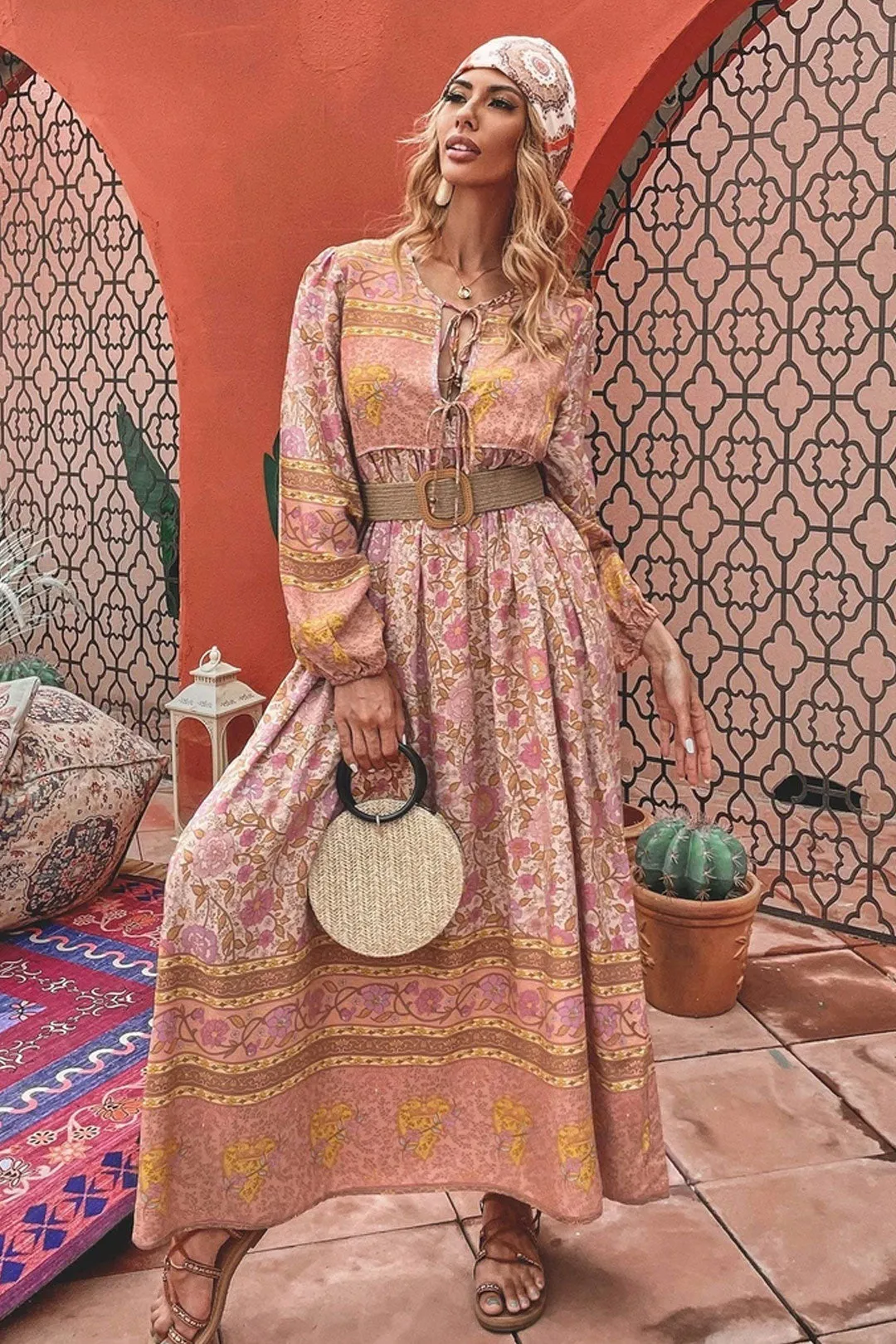 Gown Dress, Boho Maxi Dress, Loose Dress, Camila Indian Flower Pink