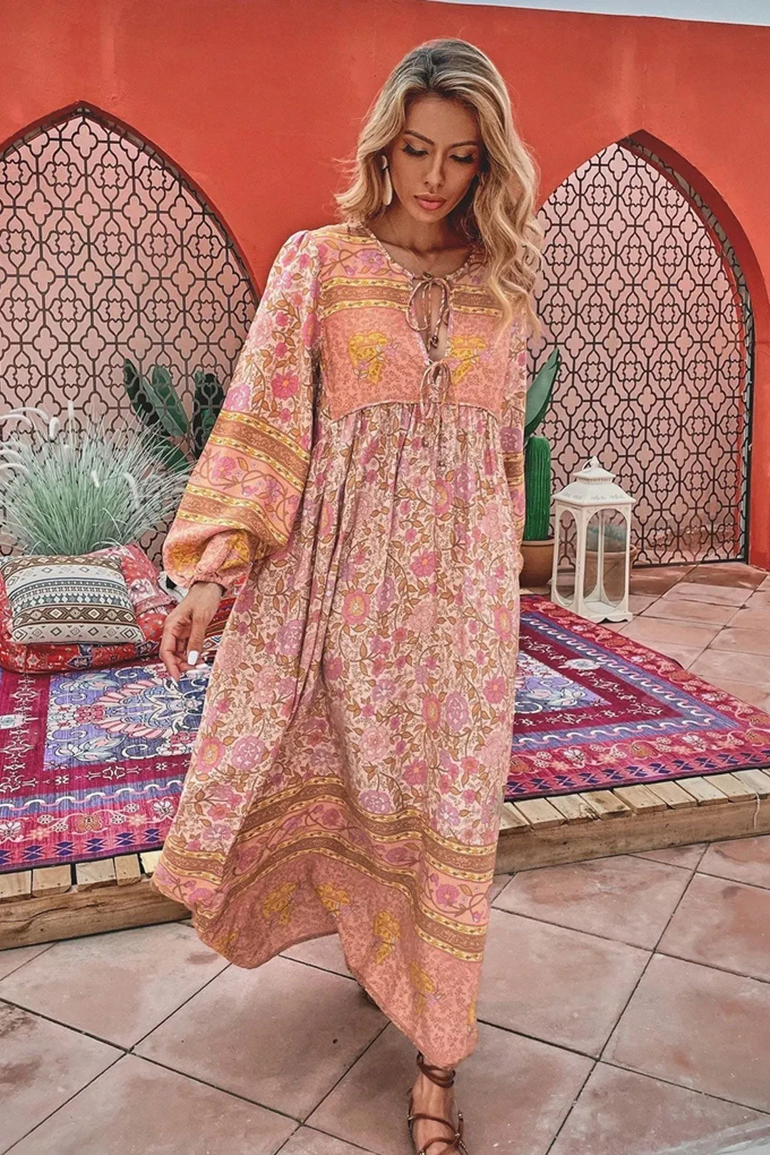 Gown Dress, Boho Maxi Dress, Loose Dress, Camila Indian Flower Pink
