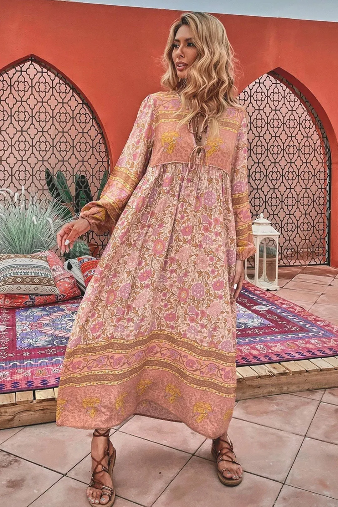 Gown Dress, Boho Maxi Dress, Loose Dress, Camila Indian Flower Pink