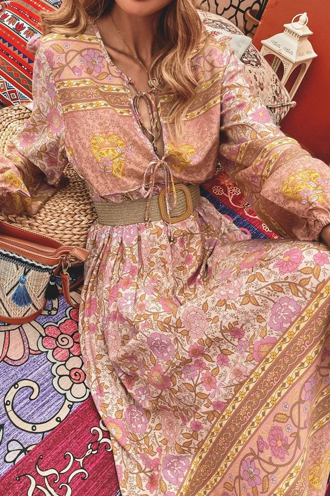Gown Dress, Boho Maxi Dress, Loose Dress, Camila Indian Flower Pink