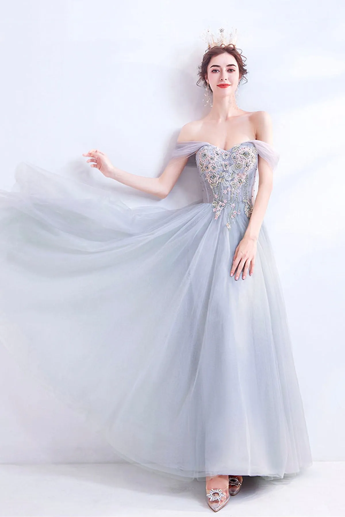 Gray Lace Long A-Line Prom Dress, Off the Shoulder Evening Party Dress