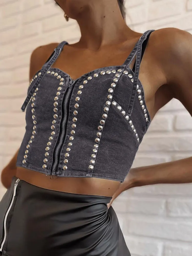 Grey Zipper Rivet Denim Short Top