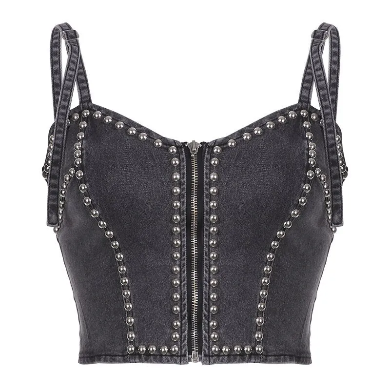 Grey Zipper Rivet Denim Short Top