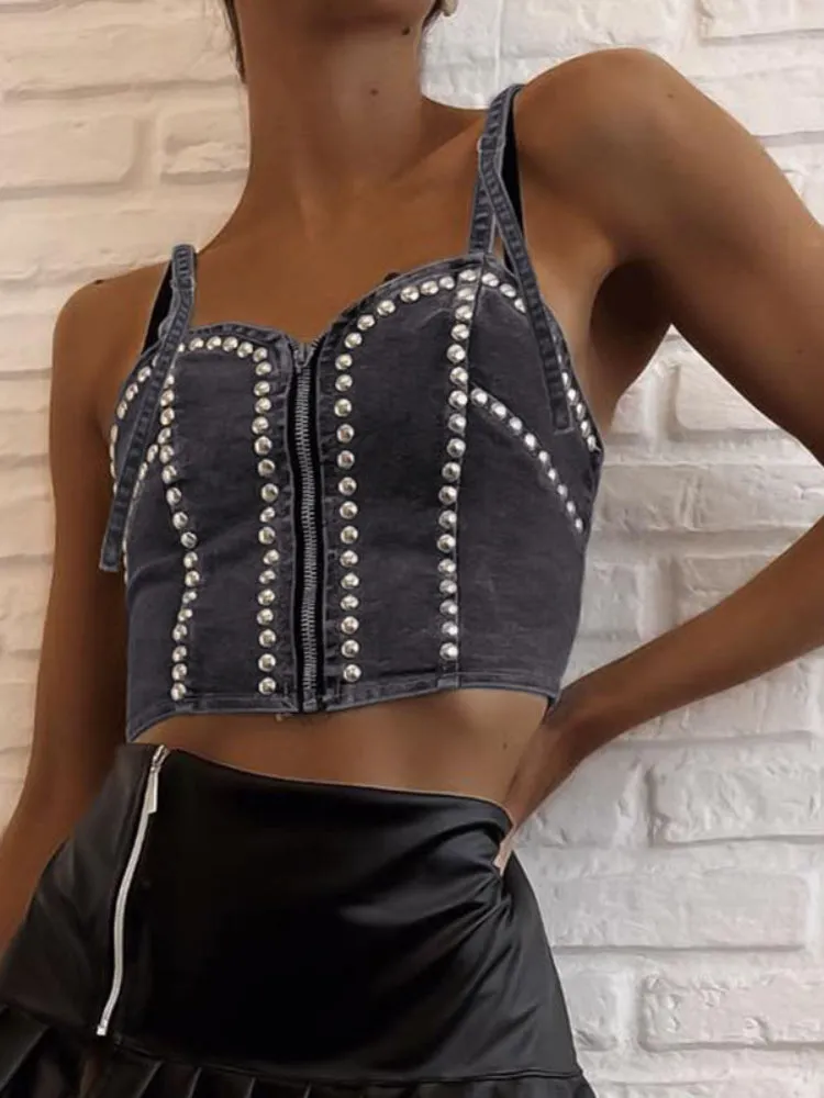 Grey Zipper Rivet Denim Short Top