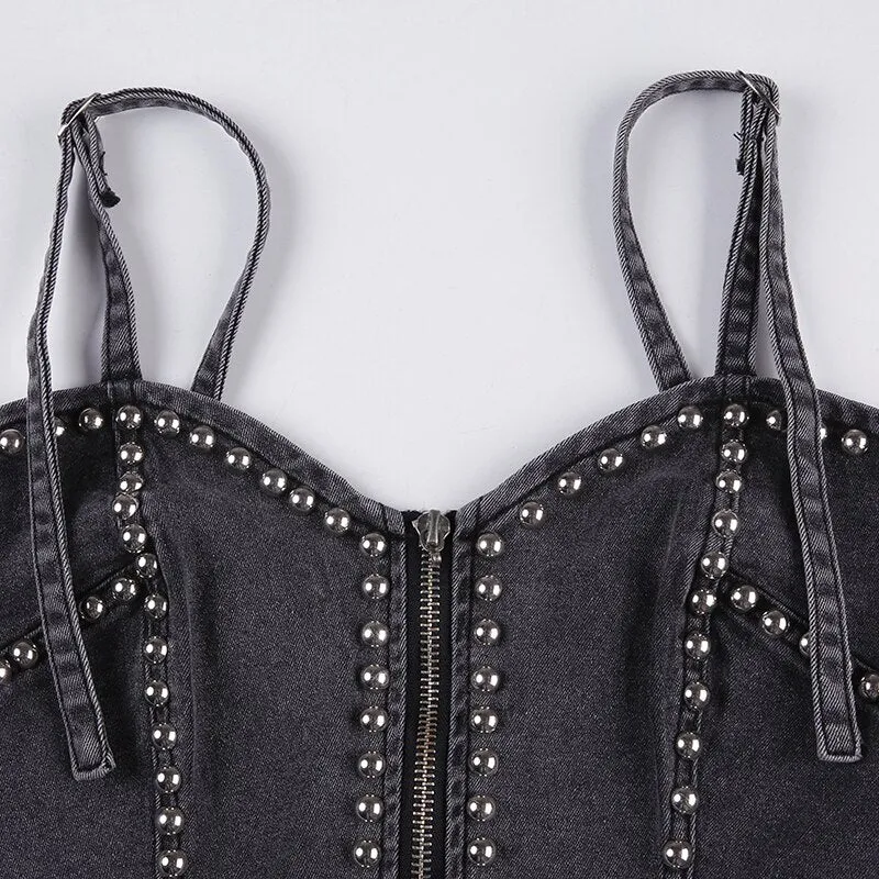 Grey Zipper Rivet Denim Short Top