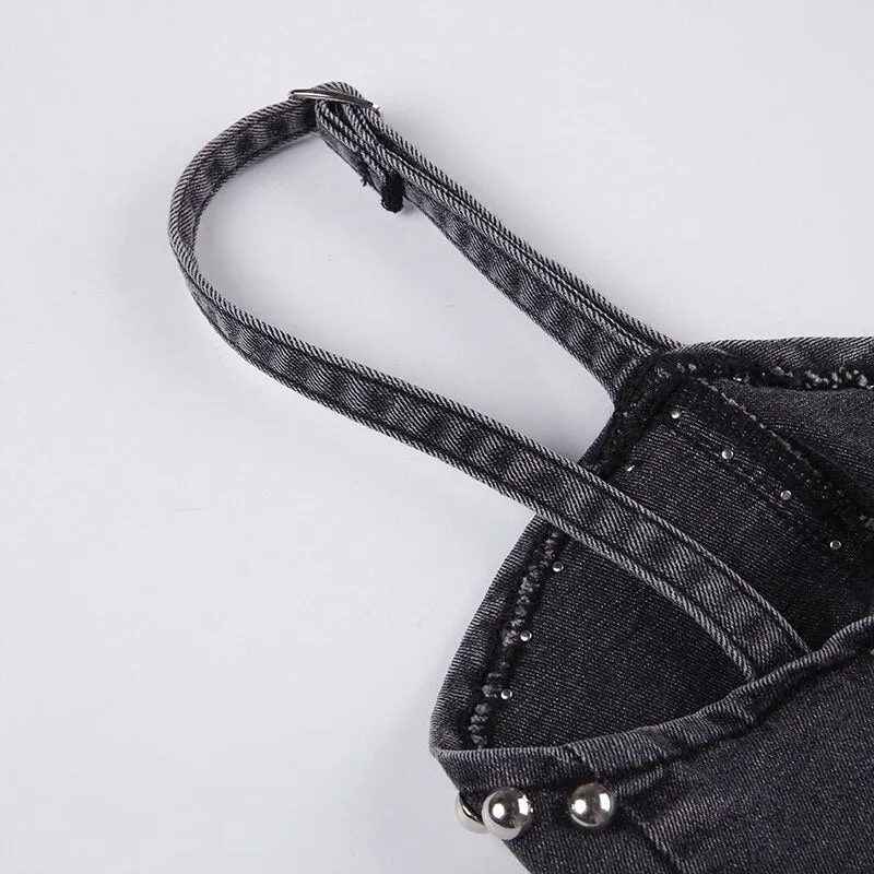 Grey Zipper Rivet Denim Short Top