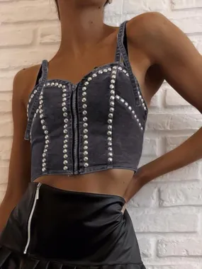 Grey Zipper Rivet Denim Short Top