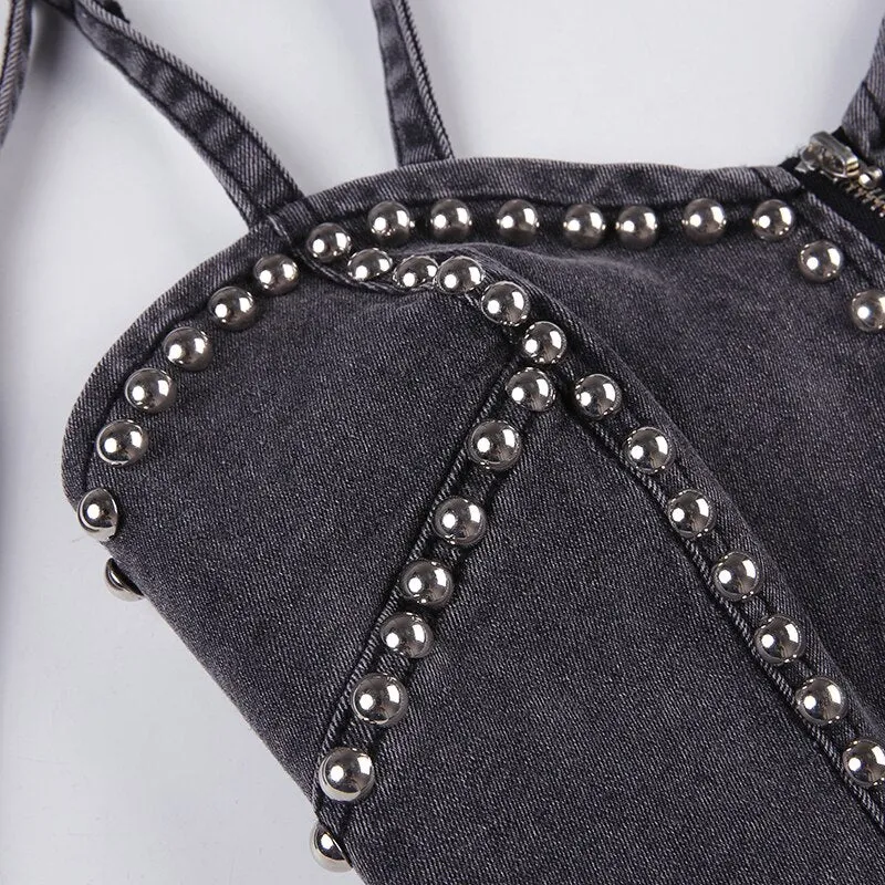 Grey Zipper Rivet Denim Short Top