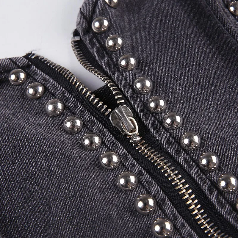 Grey Zipper Rivet Denim Short Top
