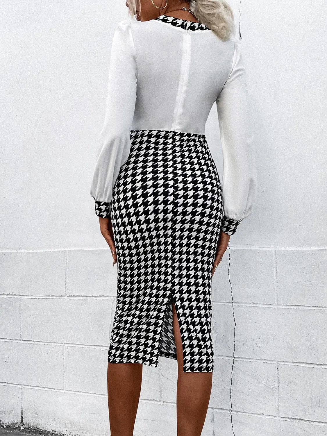 Hounds tooth Long Sleeve Slit Dress