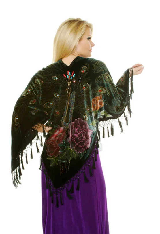 Juno Black Velvet Beaded Peacock Open Poncho Shawl