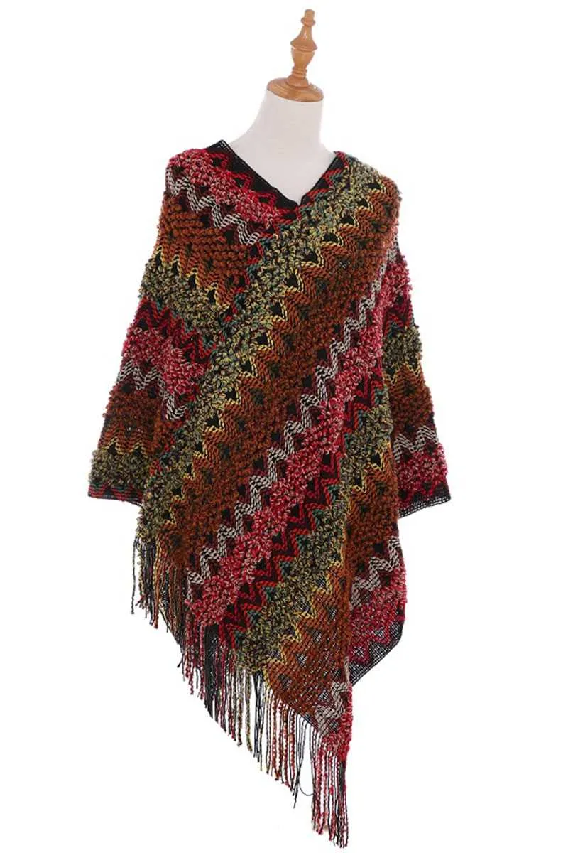 Knitted Multi Color Fringe Cape Poncho