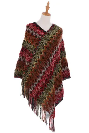 Knitted Multi Color Fringe Cape Poncho