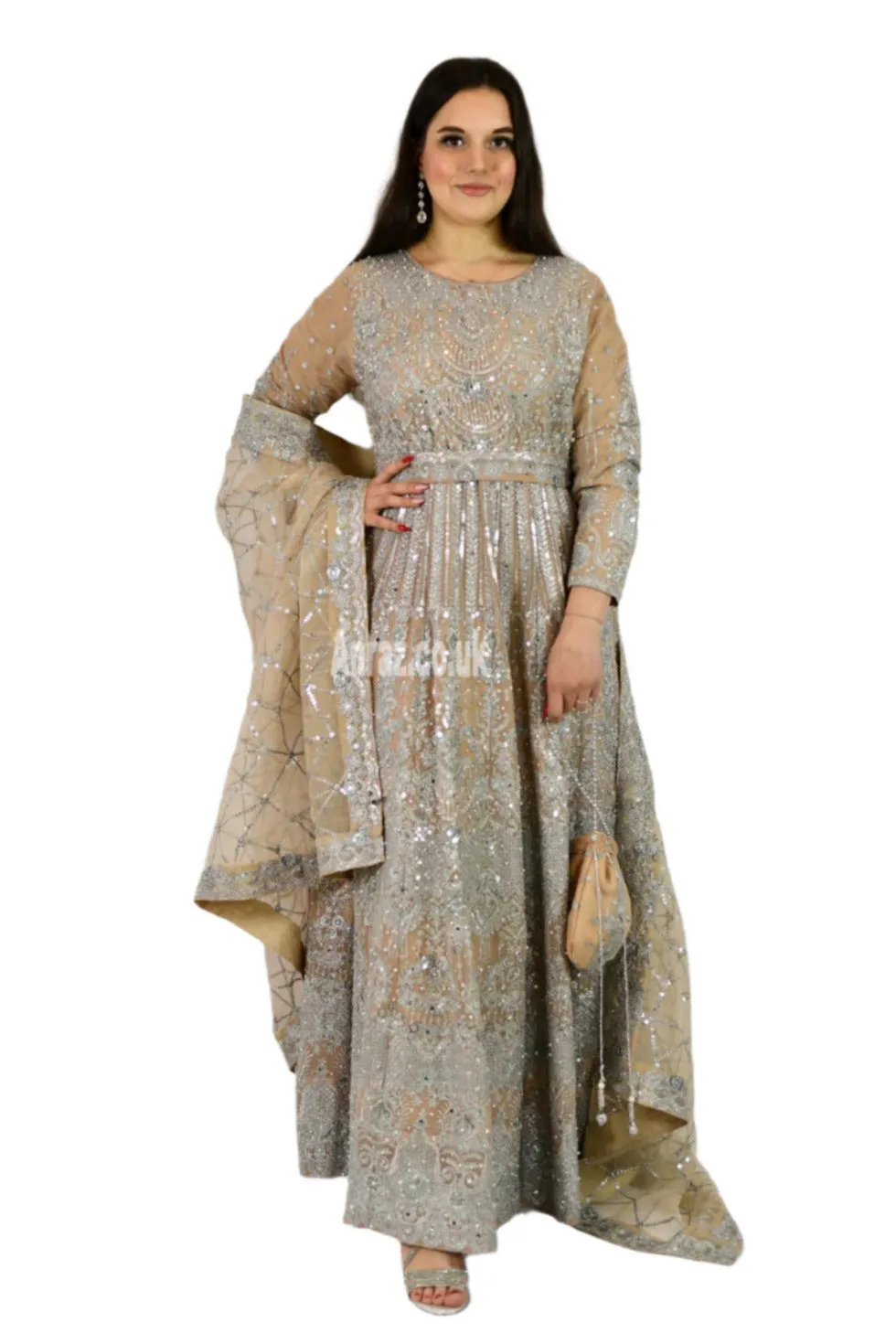Long Heavy Anarkali Maxi outfit with matching potli bag