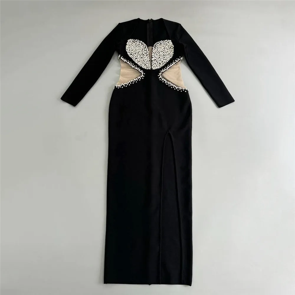 Long Sleeve Mesh Diamond Slit Sheath Evening Dress