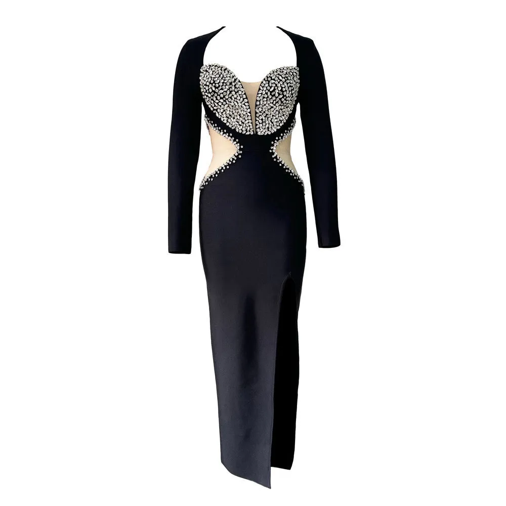 Long Sleeve Mesh Diamond Slit Sheath Evening Dress