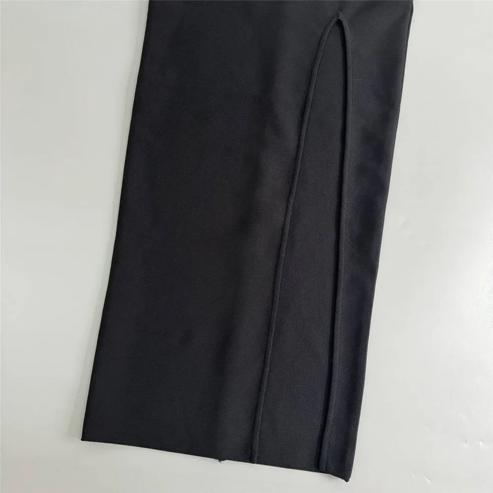 Long Sleeve Mesh Diamond Slit Sheath Evening Dress