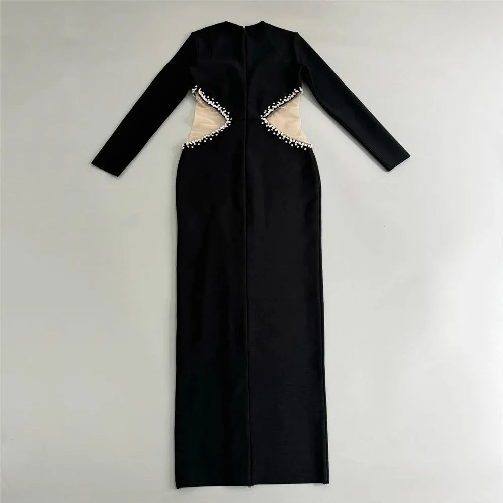 Long Sleeve Mesh Diamond Slit Sheath Evening Dress