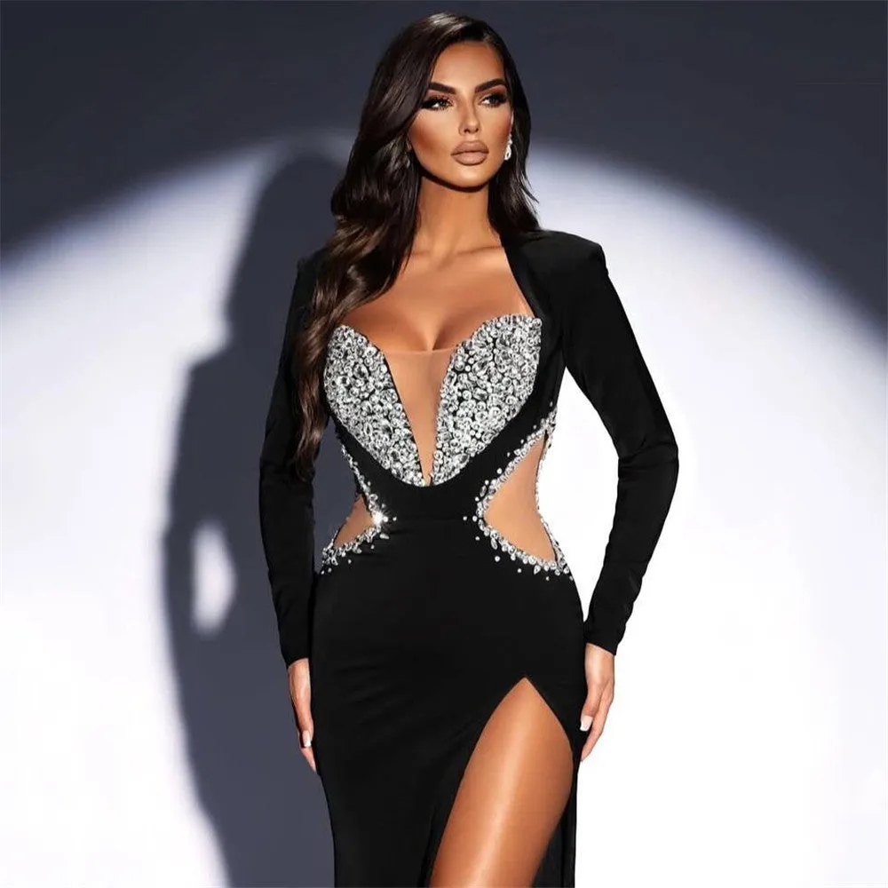 Long Sleeve Mesh Diamond Slit Sheath Evening Dress