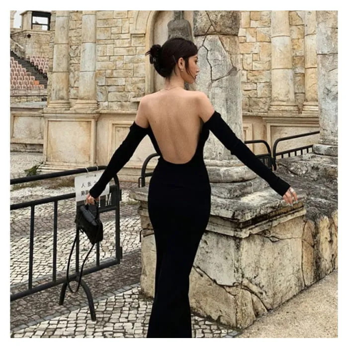 Long-Sleeve Off Shoulder Plain Backless Knit Midi Sheath Dress